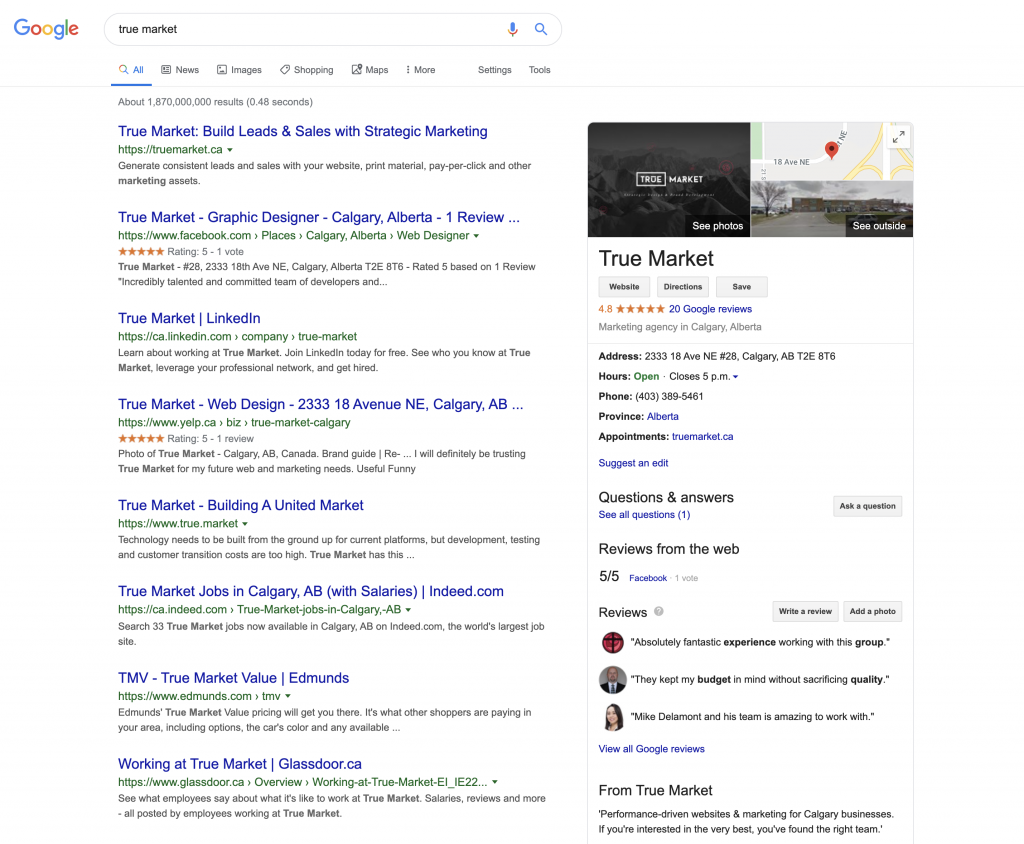 Google Business Listing in Google Search Results