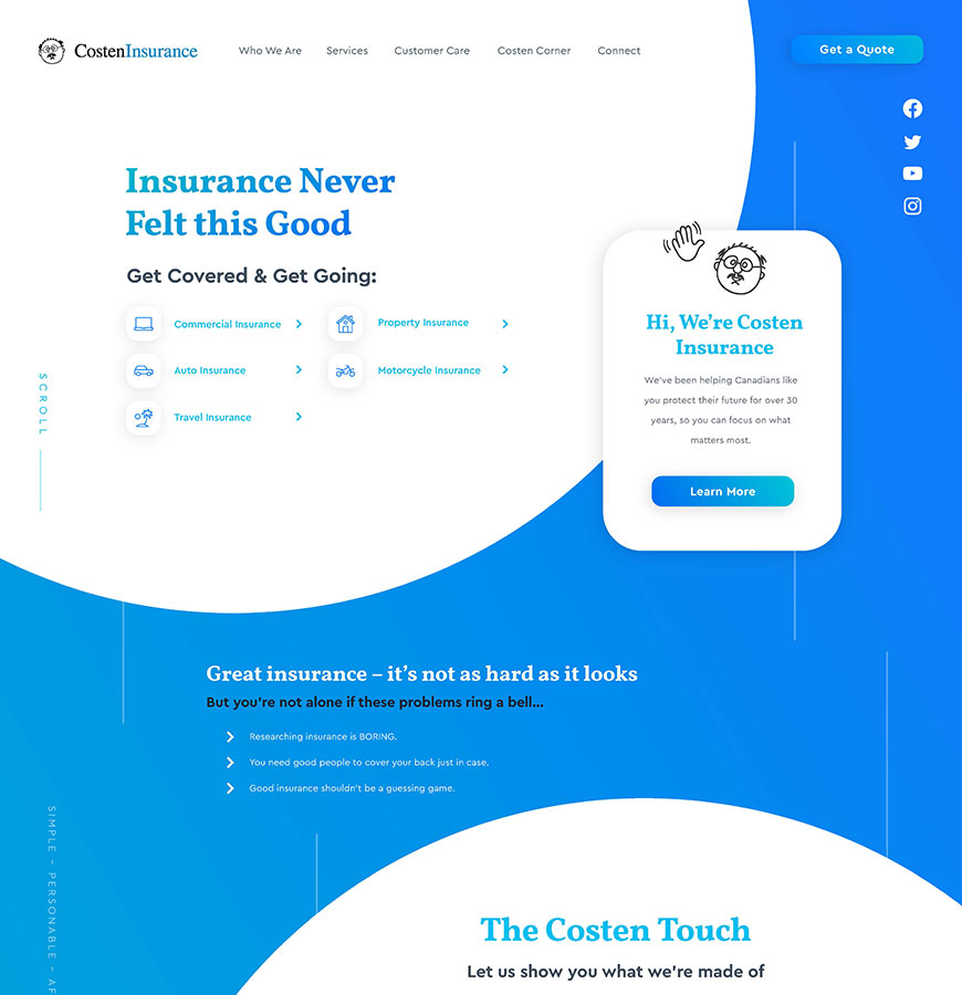 Home page website design for Costen Insurance site redesign by True Market