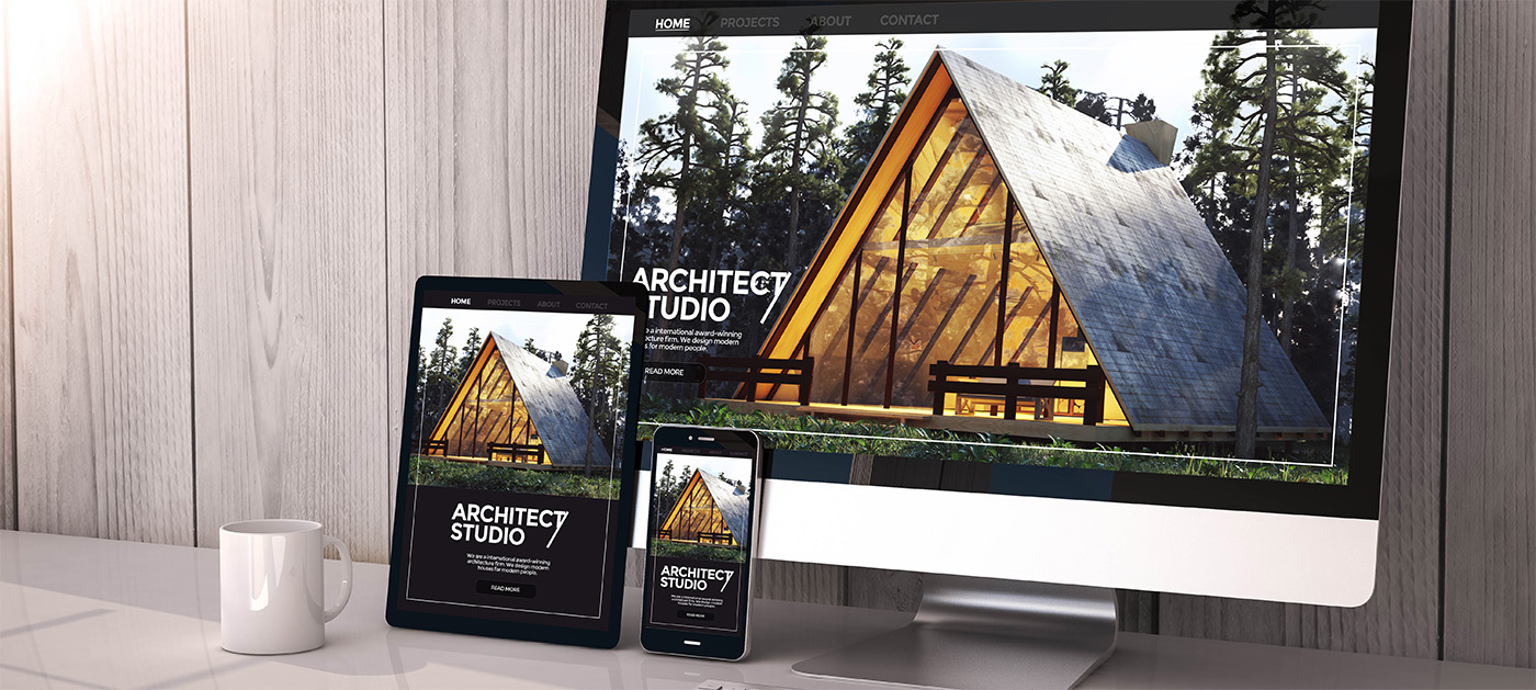 A computer, mobile device, and tablet all showing the same website and how its design adapts responsively